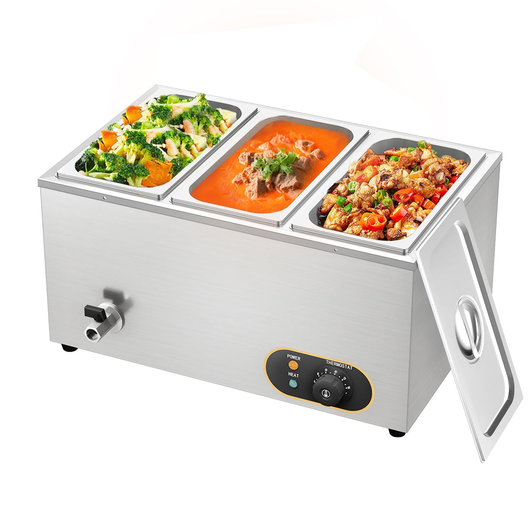 MOOTACO Bain Marie Speisenwärmer Wasserbad Gastro GN-Behältern 1/3 * 3 Warmhalter Edelstahl mit Abla