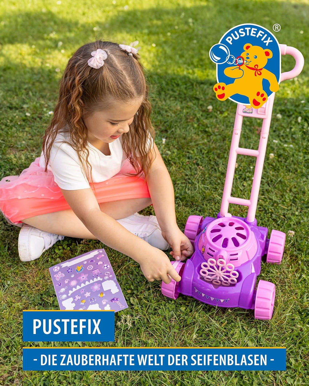 PUSTEFIX Bubble-Mower Rasenmäher Pink & 5L Nachfüllkanister I Lustiges Seifenblasen Kinder Set mit S
