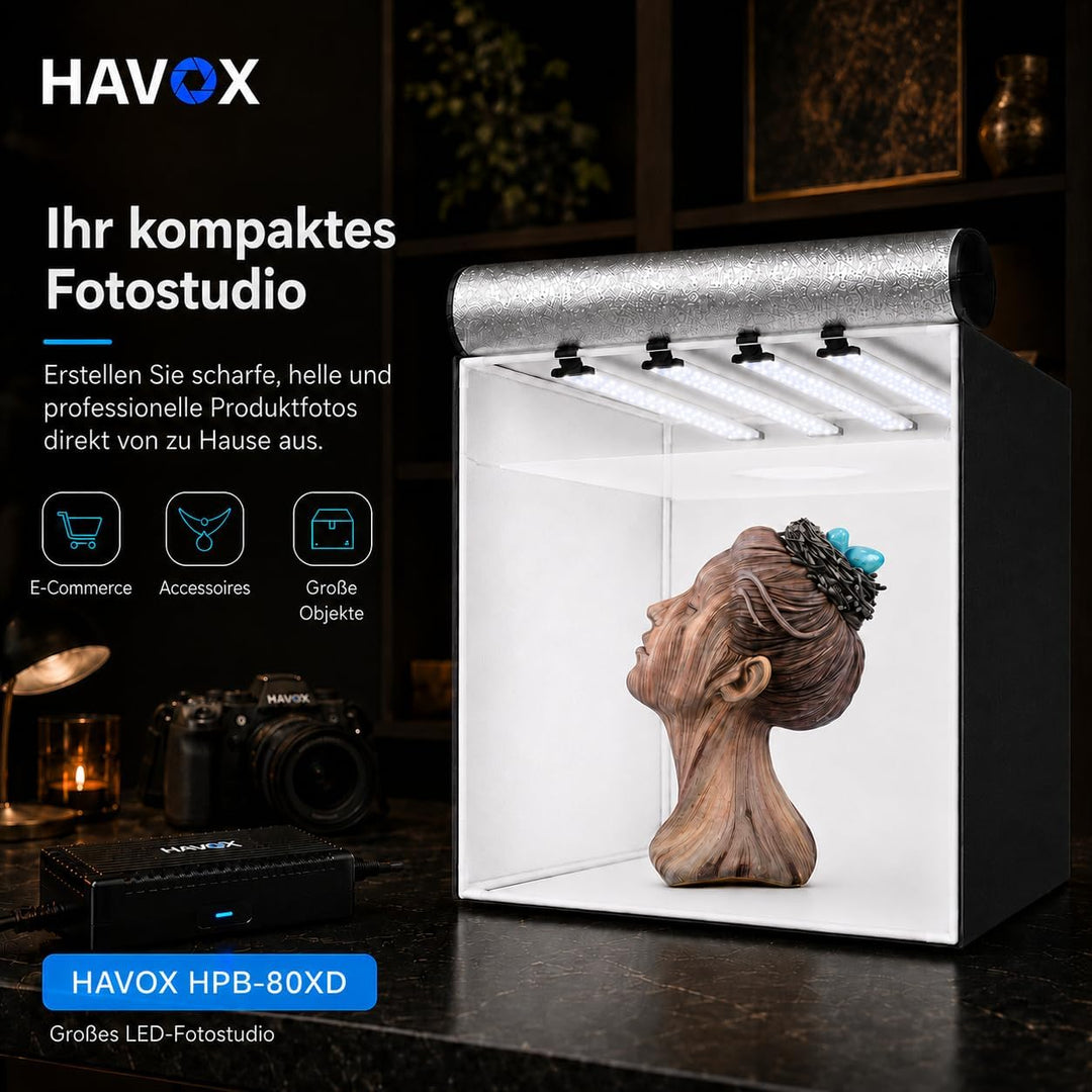 HAVOX - Fotostudio HPB-80XD - Masse 80x80x80cm - 4X Dimmbare LED-Beleuchtung Tageslicht 5500k - 26,0