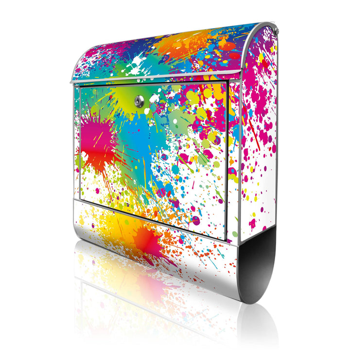 banjado® Design Briefkasten mit Motiv Farbspritzer 39x47x14cm &amp; 2 Schlüssel - Briefkasten Stahl Silb