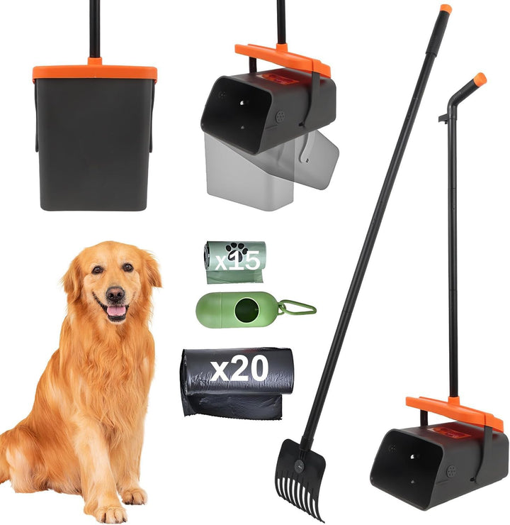 LPQKCcY Hundekotsammler, 104cm Hundekotschaufel Behälter & 117cm Rechen mit Abfallbeuteln, Langer Gr