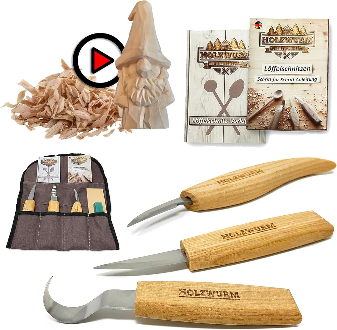 Holzwurm Holz Schnitzmesser-Set inkl. Tasche, Anleitung und Vorlagen, ideales Schnitzwerkzeug-Set zu