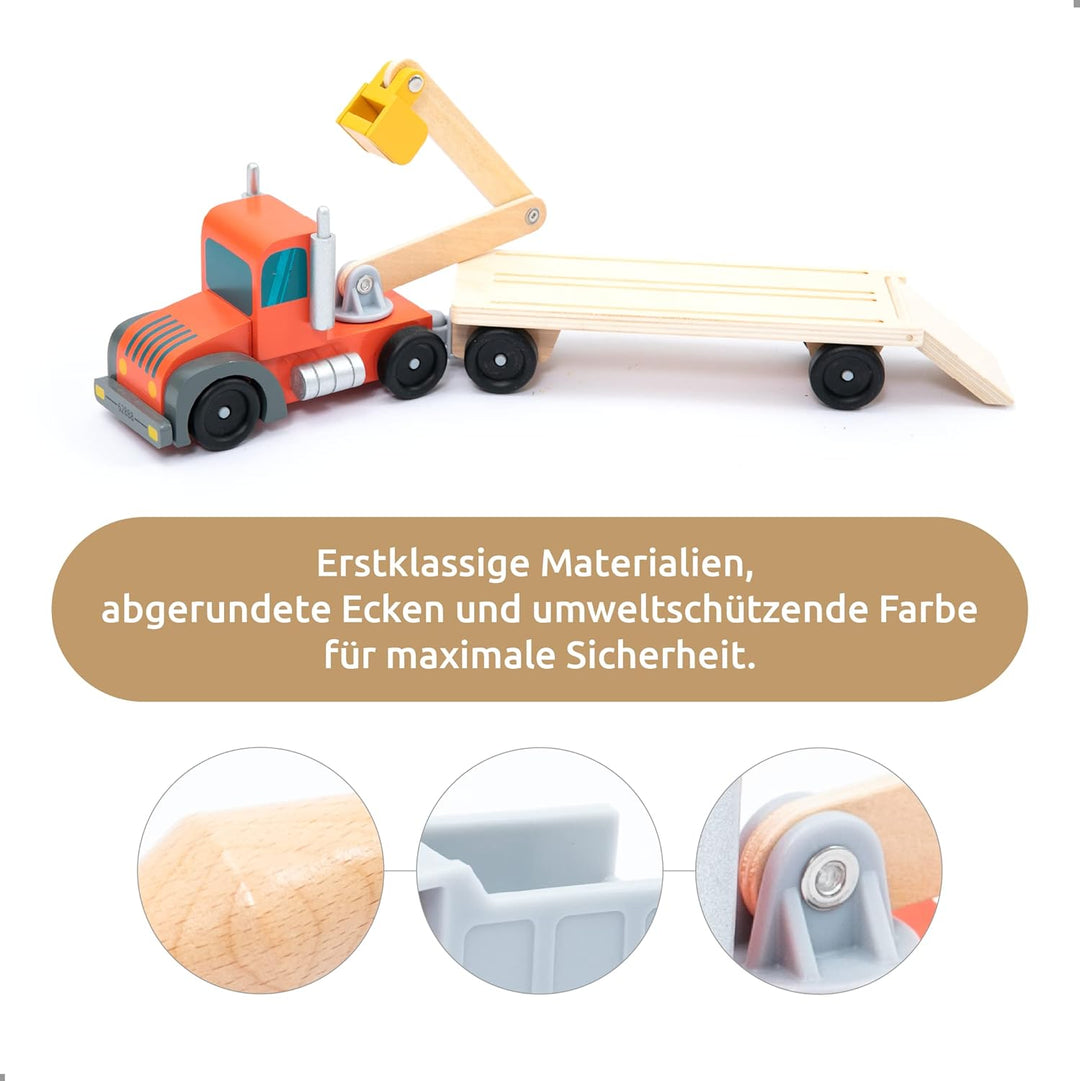 umu® Holz Baufahrzeug Transporter Spielset für Kinder kompatibel mit Brio World Eisenbahn Sets & And