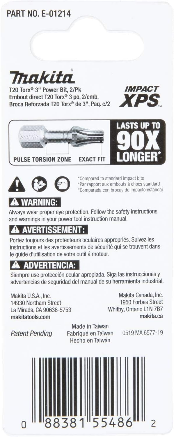 Makita E-01214 Impact XPS T20 Torx 3" Power Bit, 2/pk 2/pk T20, 2/pk T20