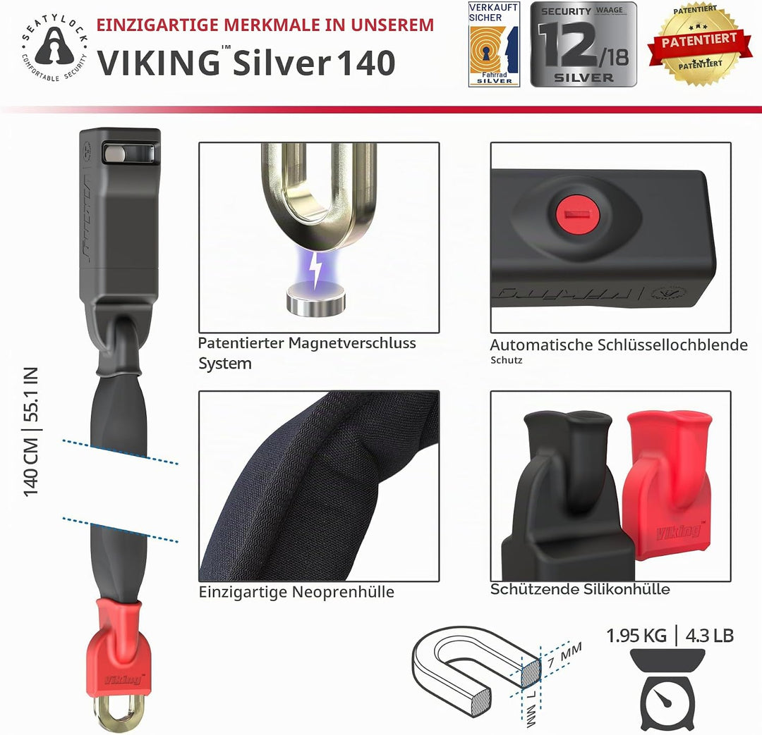 Seatylock Viking Fahrrad Kettenschloss mit Schlüssel – Patentiertes diebstahlsicheres Fahrradschloss