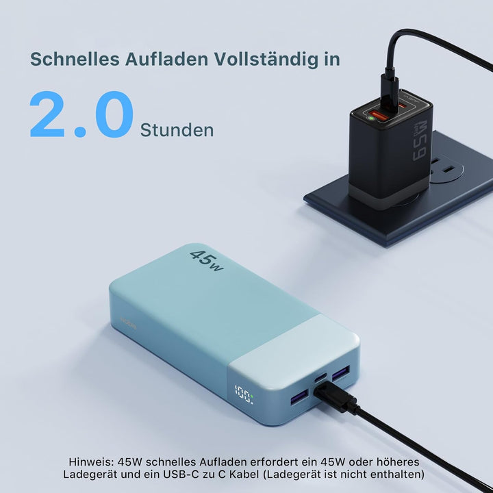 NOBIS Power Bank, Powerbank 20000mAh, 45W Externe Handyakkus Schnellladen, Externer Akku mit C zu C