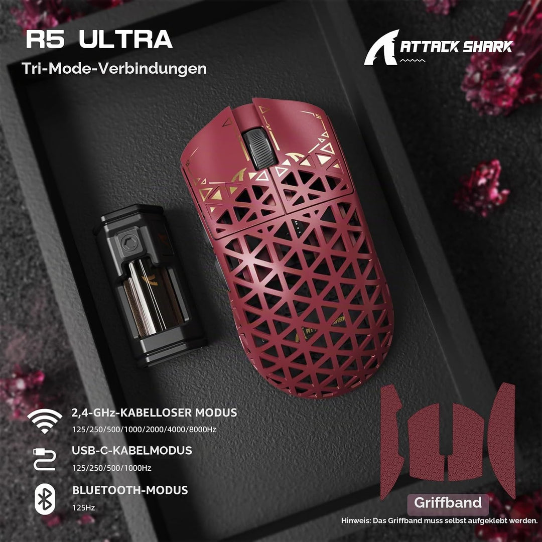 ATTACK SHARK R5 Ultra Carbonfaser HyperSpeed Kabellose Gaming-Maus, 39g Ultraleichte Maus mit Gripta