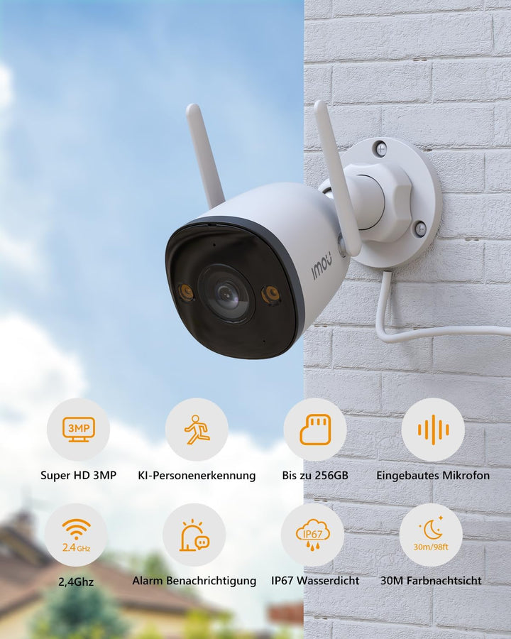 Imou 2K/3MP Überwachungskamera Aussen, WLAN IP Kamera Outdoor mit 30m Nachtsicht, AI Personenerkennu