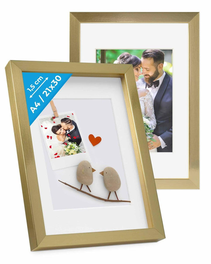 PHOTOLINI 3D Bilderrahmen zum Befüllen 21x30 A4 Gold, 1,5 cm tiefer Objektrahmen mit Glas, 2X tiefer