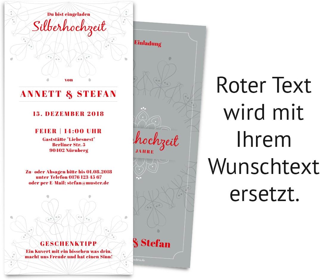 10 x Hochzeitseinladungen Silberhochzeit silberne Hochzeit Einladung individuell - Blumen Ornamente