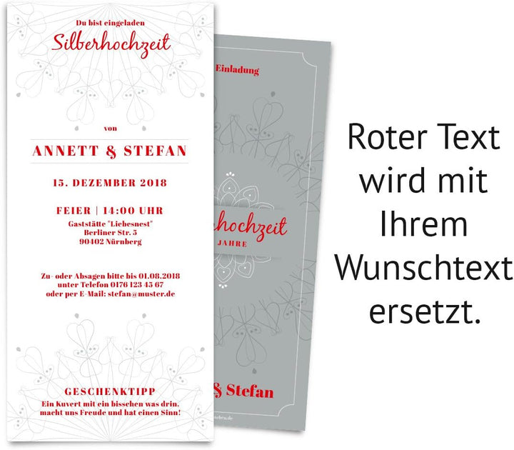 10 x Hochzeitseinladungen Silberhochzeit silberne Hochzeit Einladung individuell - Blumen Ornamente