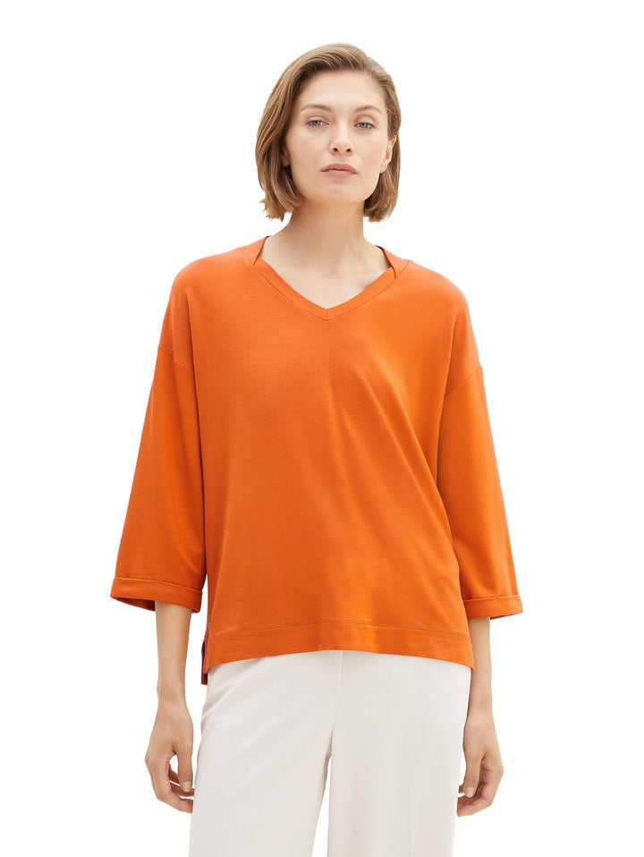 TOM TAILOR Damen Basic T-Shirt mit 3/4-Arm & V-Ausschnitt XS 19772 - Gold Flame Orange, XS 19772 - G