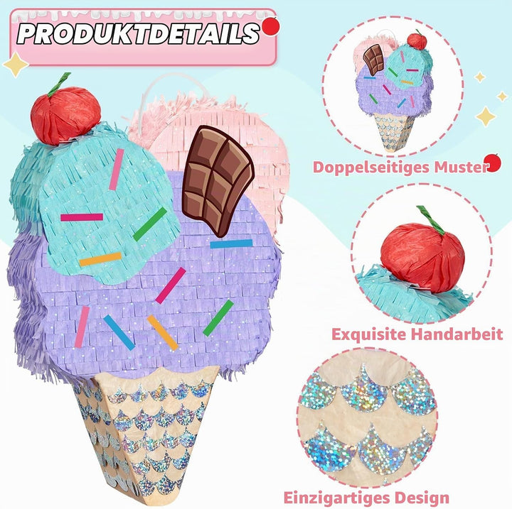 WERNNSAI Eis Pinata – Eiscreme Pinata Geburtstag Mädchen Kinder Eiscreme Piñata Set mit Stock Augenb