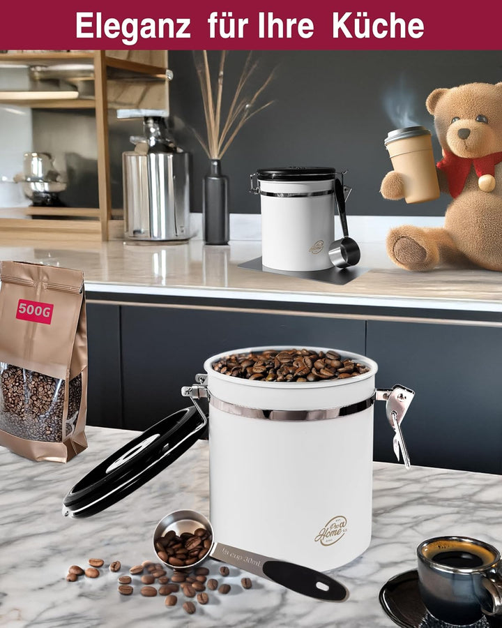 Kaffeedose luftdicht 500g - Weiss - Kaffeebohnen Vorratsbehälter 1,5L aus Edelstahl mit Kalenderfunk