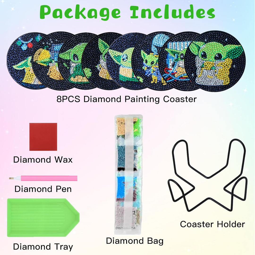 8 Stück Diamant Malerei Untersetzer mit Halter, DIY Yoda Diamant Malsets für Erwachsene Kinder Anfän