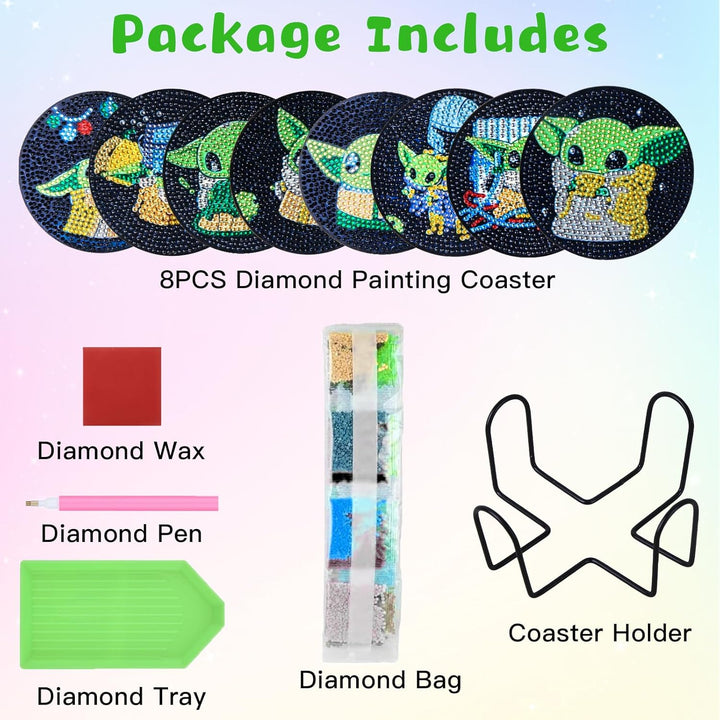 8 Stück Diamant Malerei Untersetzer mit Halter, DIY Yoda Diamant Malsets für Erwachsene Kinder Anfän