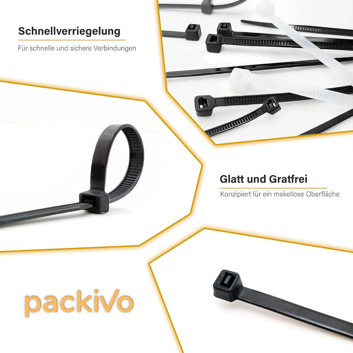 PACKIVO Profi Kabelbinder 7,6 x 400mm, 100 Stück schwarz Kabelbinder Industriequalität UV beständig,