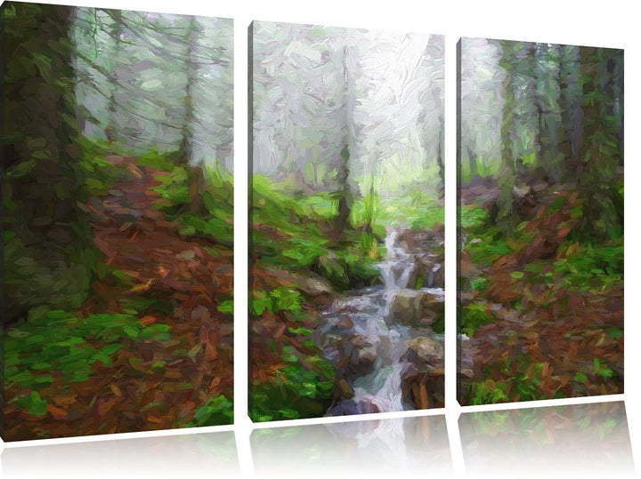 Pixxprint Bach im Wald Kunst Pinsel Effekt 3-Teiler Leinwandbild 120x80 Bild auf Leinwand