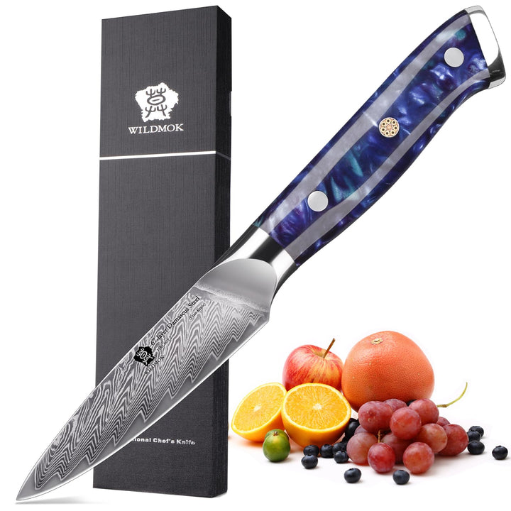 WILDMOK Schälmesser 8cm, Obstmesser 67 lagiger Damaststahl VG 10, kleines Küchenmesser, perfekt zum