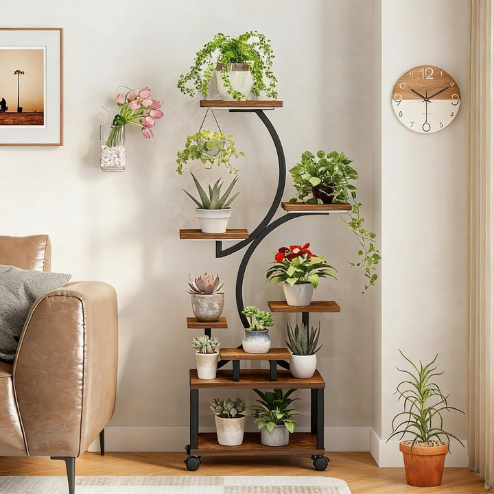 Pflanzenständer mit Wachstumslicht und 4 Rollen, 8 Etagen 159cm Höhe Pflanzenregal Indoor, Blumenstä