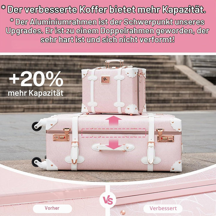 Urecity Koffer Vintage mit 4 Rollen Trolley Koffer Reisekoffer Leicht Retro Hartschalen Koffer 2-Tei