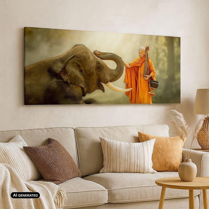 Wandbilder Dekoration Wohnzimmer Elefant Mönch Stosszahn Panorama Bilder auf Leinwand 120x50cm Leinw