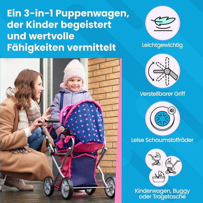 Kinderplay Puppenwagen ab 1 2 3 Jahre Kinderwagen Spielzeug - 3 in 1, Puppenwagen mit Herausnehmbare