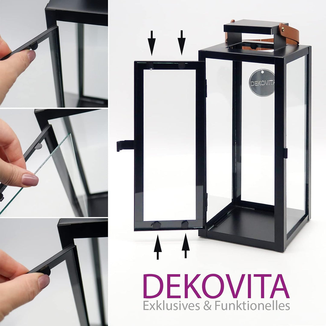 Dekovita 30cm Laterne in Schwarz - Gartenlaterne mit Glas-Scheiben und Kunstleder-Henkel - Metall De
