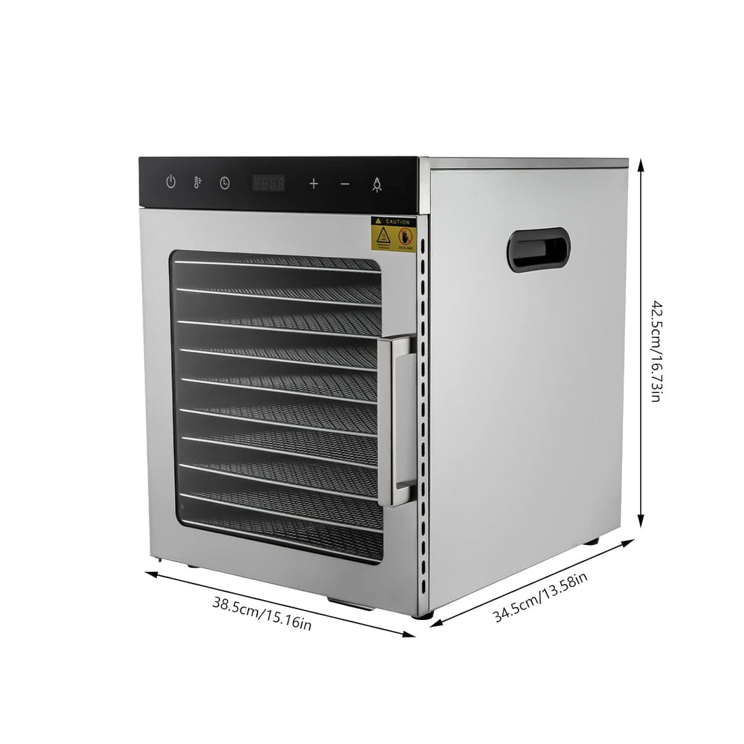 Edelstahl Dörrautomat, 800W Dörrgerät mit Temperaturregelung (30-90℃) und 0.5-24h Stunden-Timer, 10