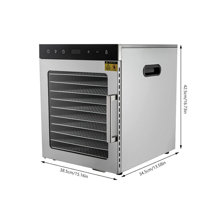 Edelstahl Dörrautomat, 800W Dörrgerät mit Temperaturregelung (30-90℃) und 0.5-24h Stunden-Timer, 10
