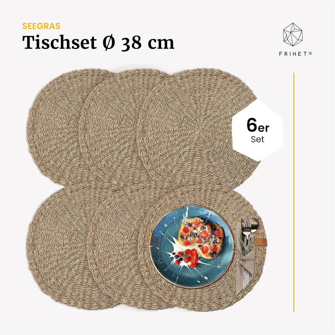 FRIHET® Platzsets rund aus Seegras für Tischdeko | Platzdeckchen für den Esstisch | 6er Tischset Nat