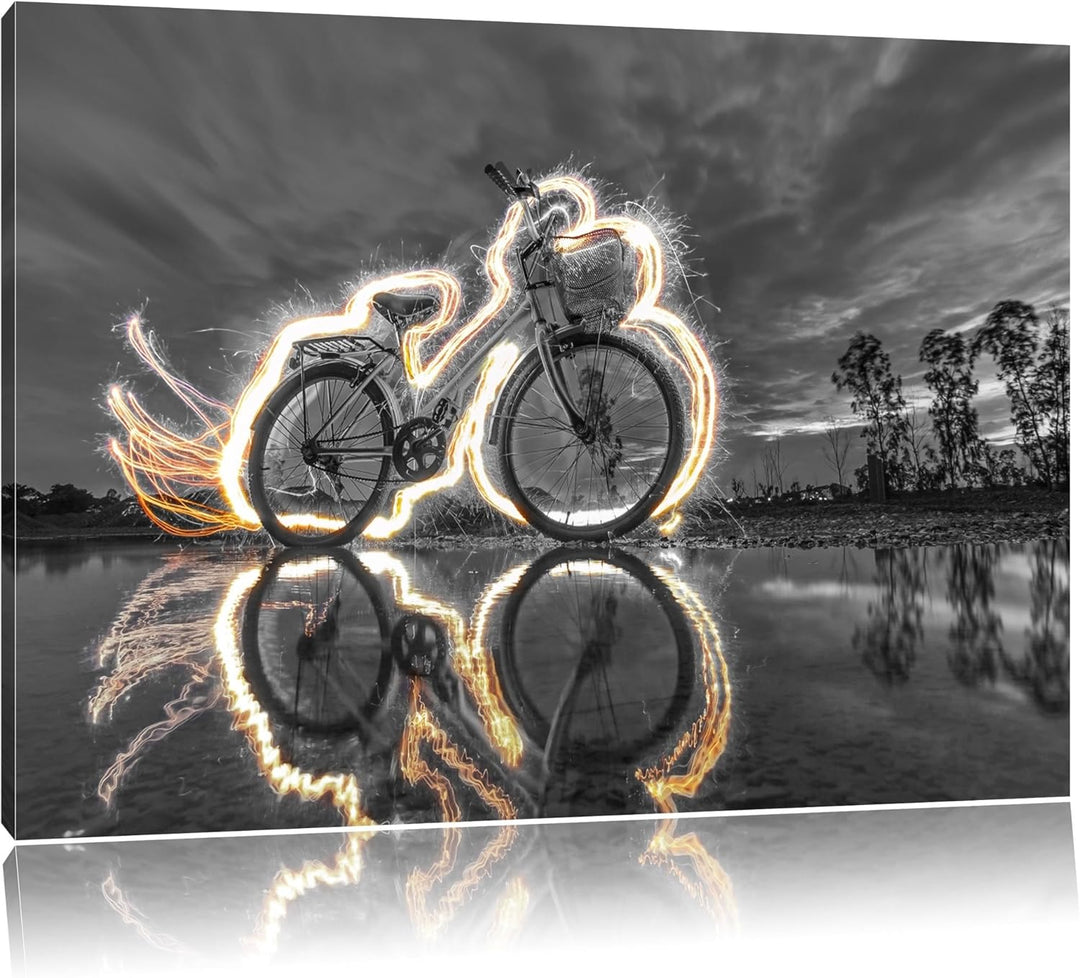Pixxprint Fahrrad Steht unter Feuer 100x70cm Leinwandbild Wandbild Kunstdruck, 100x70