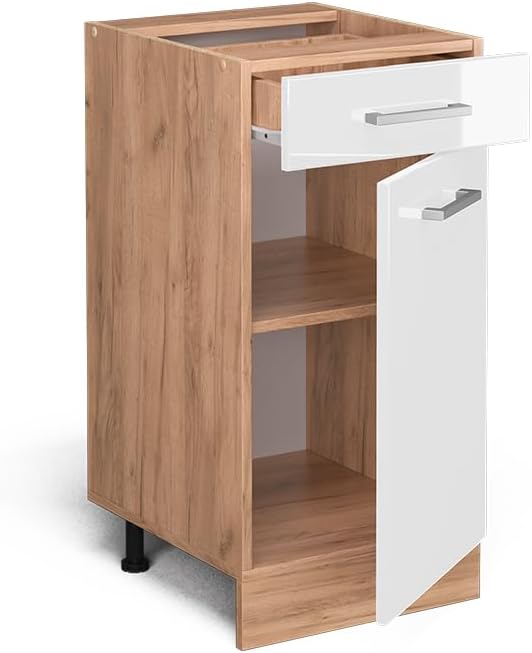 Vicco Küchenunterschrank R-Line, Weiss Hochglanz/Goldkraft Eiche, 40 cm ohne Arbeitsplatte Weiss Hoc