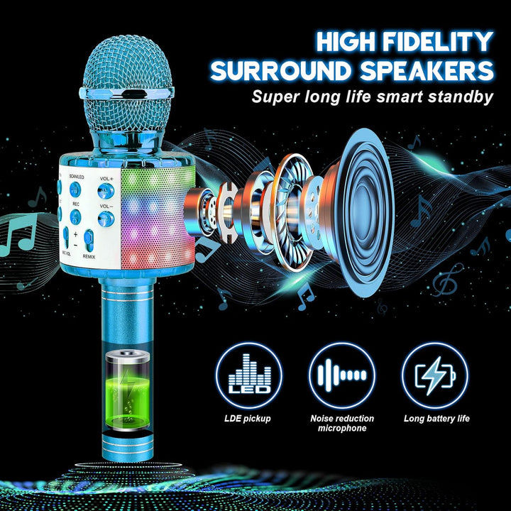 ShinePick Mikrofon Kinder, 4-in-1 Drahtloses Bluetooth Karaoke Mikrofon, Tragbare LED Microphone für
