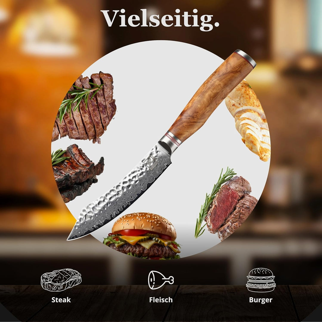 zayiko Minami Damast Steakmesser mit 12 cm Klinge aus 67 Lagen Damaststahl, VG10 Kern, Hammerschlag,