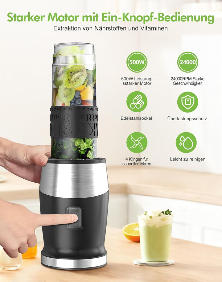 Mixer, 500W Smoothie Maker, Standmixer & Mixer Smoothie Maker mit 2x570ml Smoothie Flaschen BPA frei