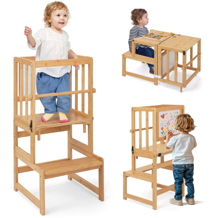 COSYLAND Montessori Lernturm ab 1 Jahr klappbar | 3 in 1 Learning Tower & Lernstuhl Kinder ab 1 Jahr