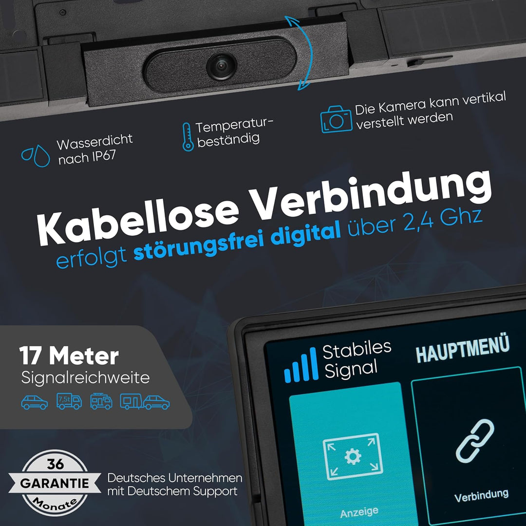 omniVID® Solar6 Premium Solar 5 Zoll Rückfahrkamera-System mit Parksensoren, Kabellos mit 5 Zoll Mon