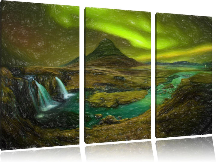 Pixxprint Kirkjufell Wasserfall als Leinwandbild/Grösse: 3 Teilig (120x80 cm) cm/Wandbild/Kunstdruck
