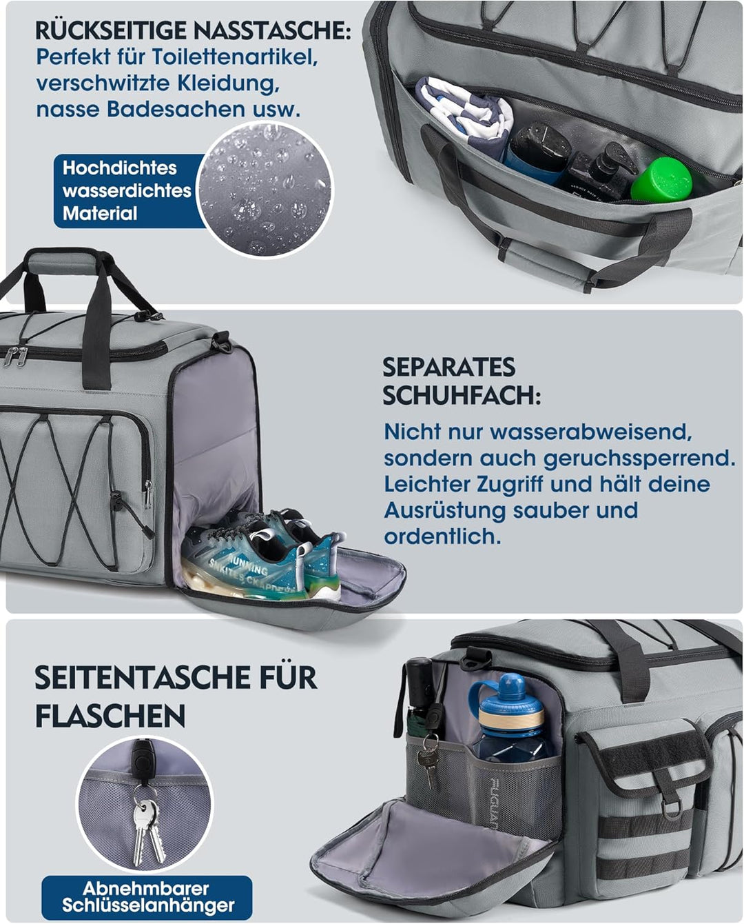 RAINSMORE 45L Sporttasche Herren Damen, 3-IN-1 Reisetasche mit Schuhfach Nassfach, Wasserdicht Gym D