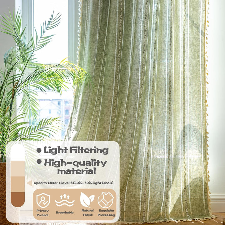 Sutuo Home Boho-Vorhänge für Schlafzimmer, Wohnzimmer, 213 cm lang, lichtfilternd, französisches Lan