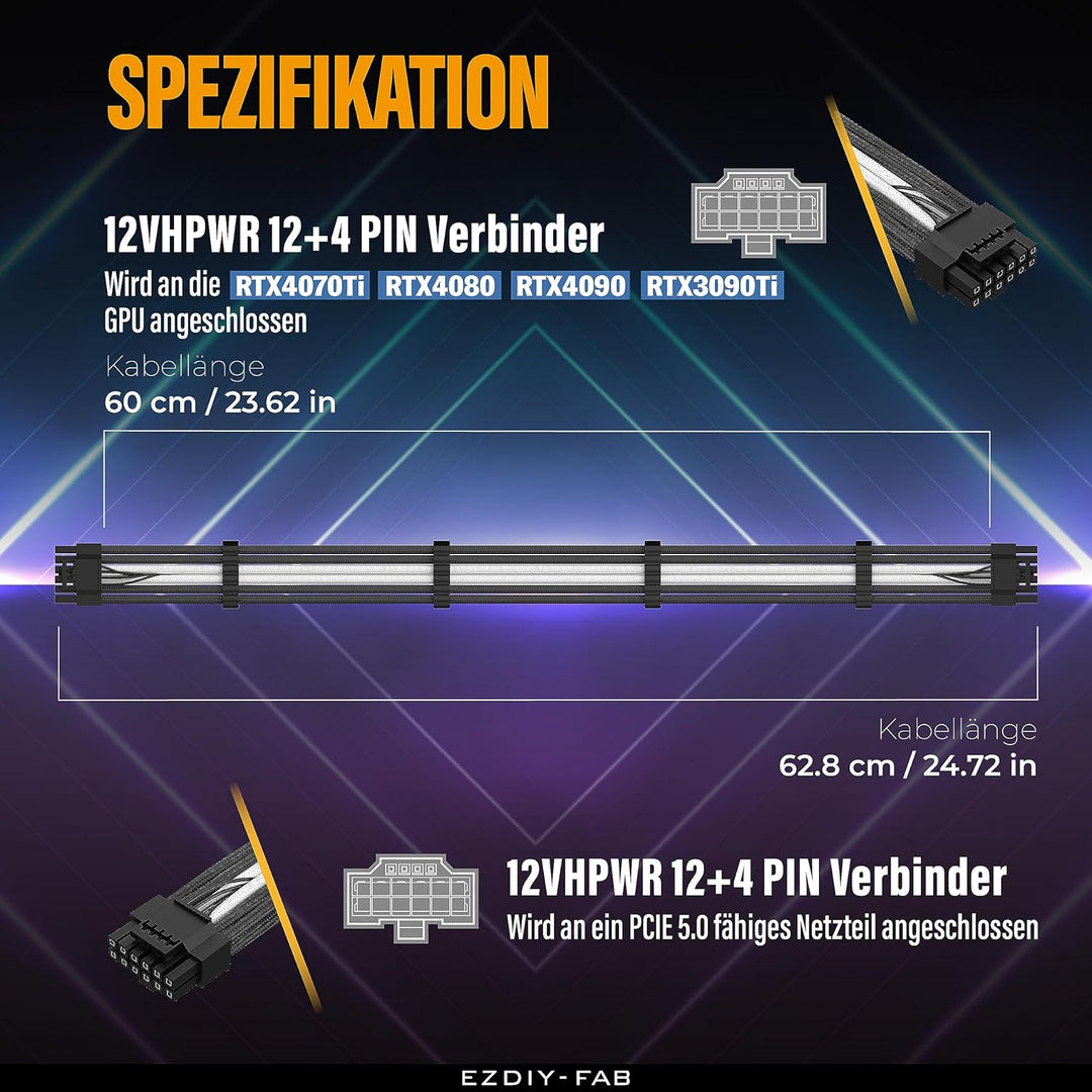 EZDIY-FAB 16AWG PCI-e 5.0 12VHPWR PSU Sleeved Kabel,600W 12+4 Pin Stecker auf 12+4 Pin Stecker Kabel