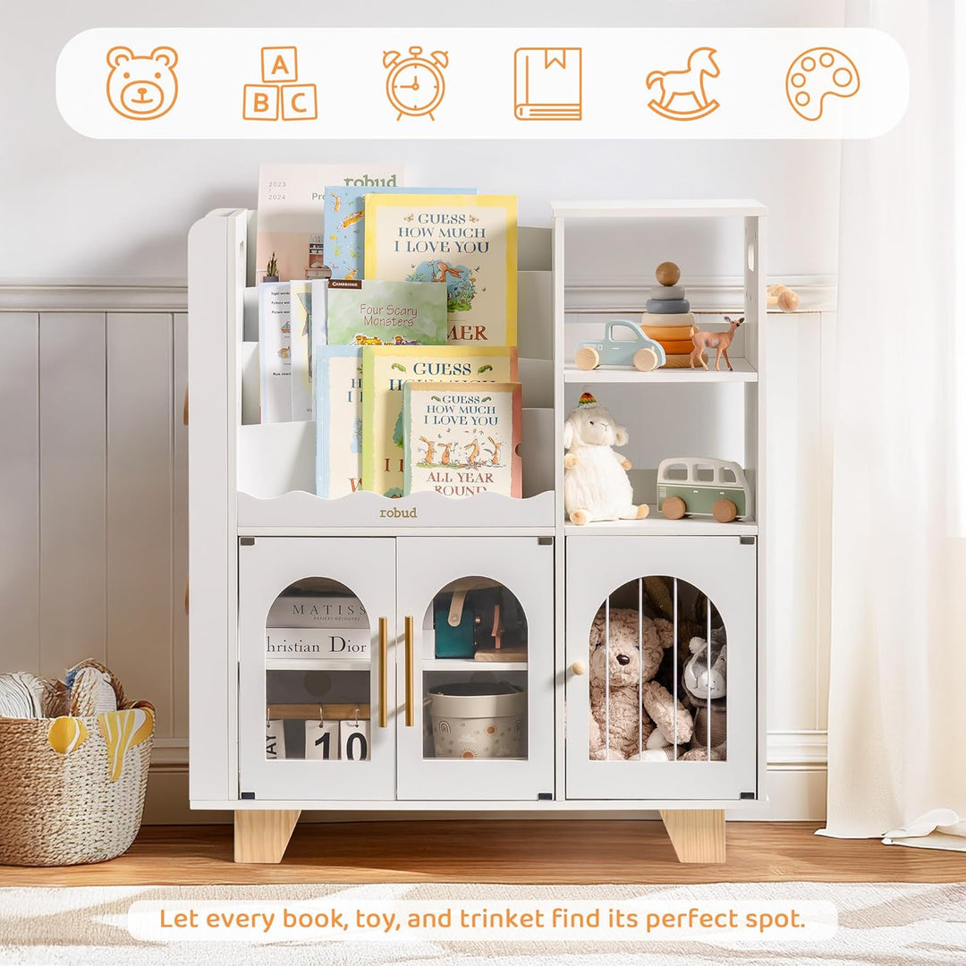 ROBUD Kinder bücherregal Weiss, Holz Standregal,mehrstufig, mit Spielzeugaufbewahrungszone, Kindersc