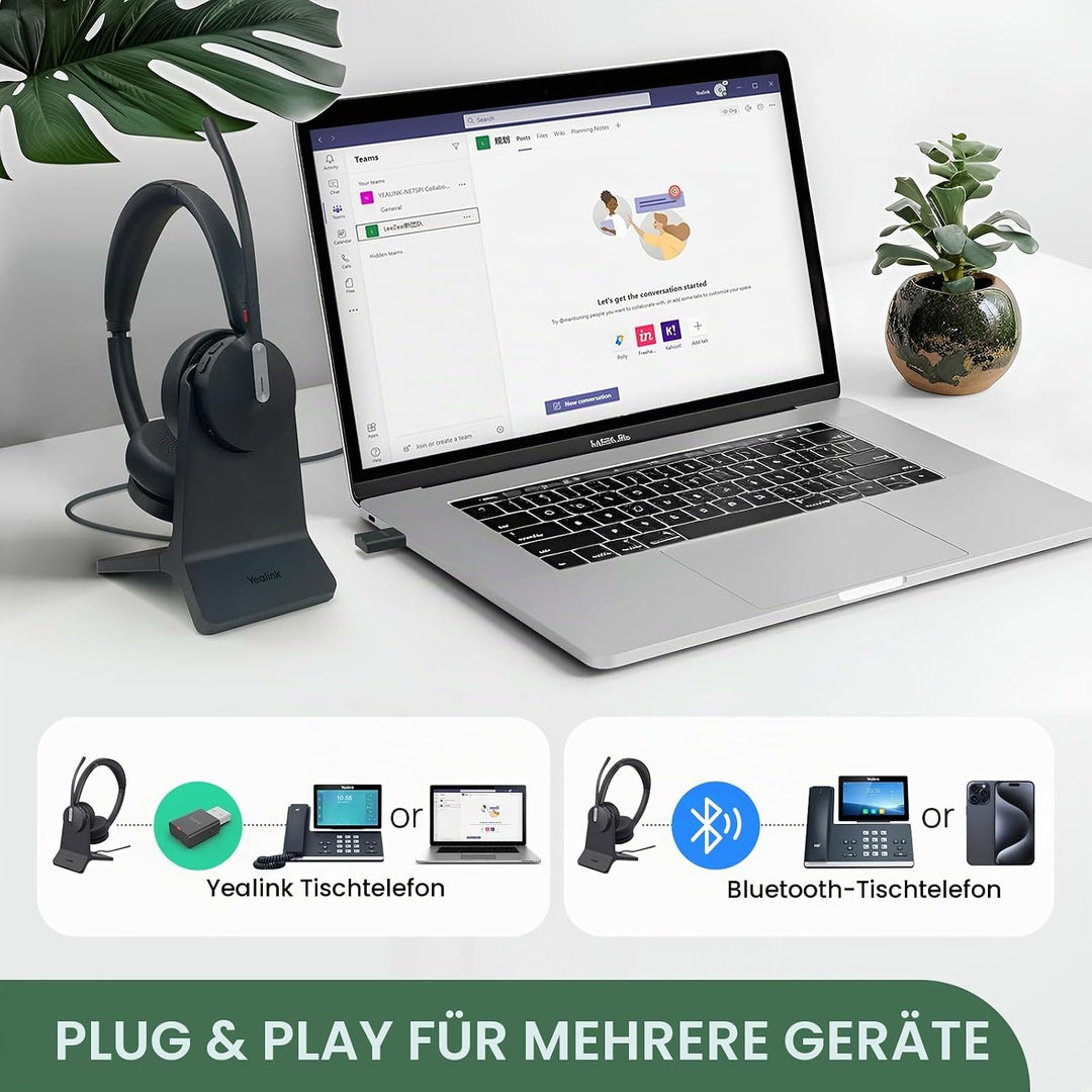 Yealink WH64 Hybrid DECT &amp; Bluetooth Wireless Headset mit 3 Mikrofonen für die Arbeit mit Ladestände