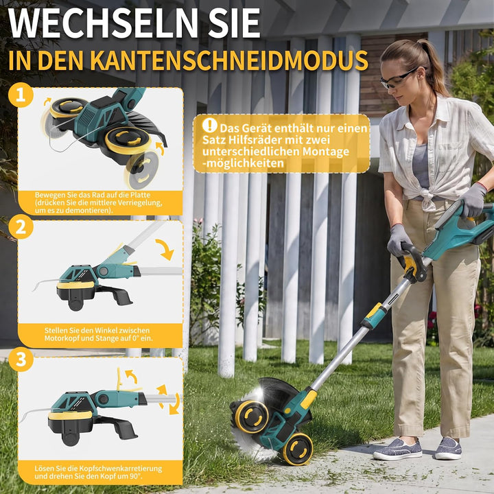 Rasentrimmer mit Akku, 21V Akku Rasentrimmer für Makita Akku, Rasentrimmer mit Unkrautbürste, 2 * 4.