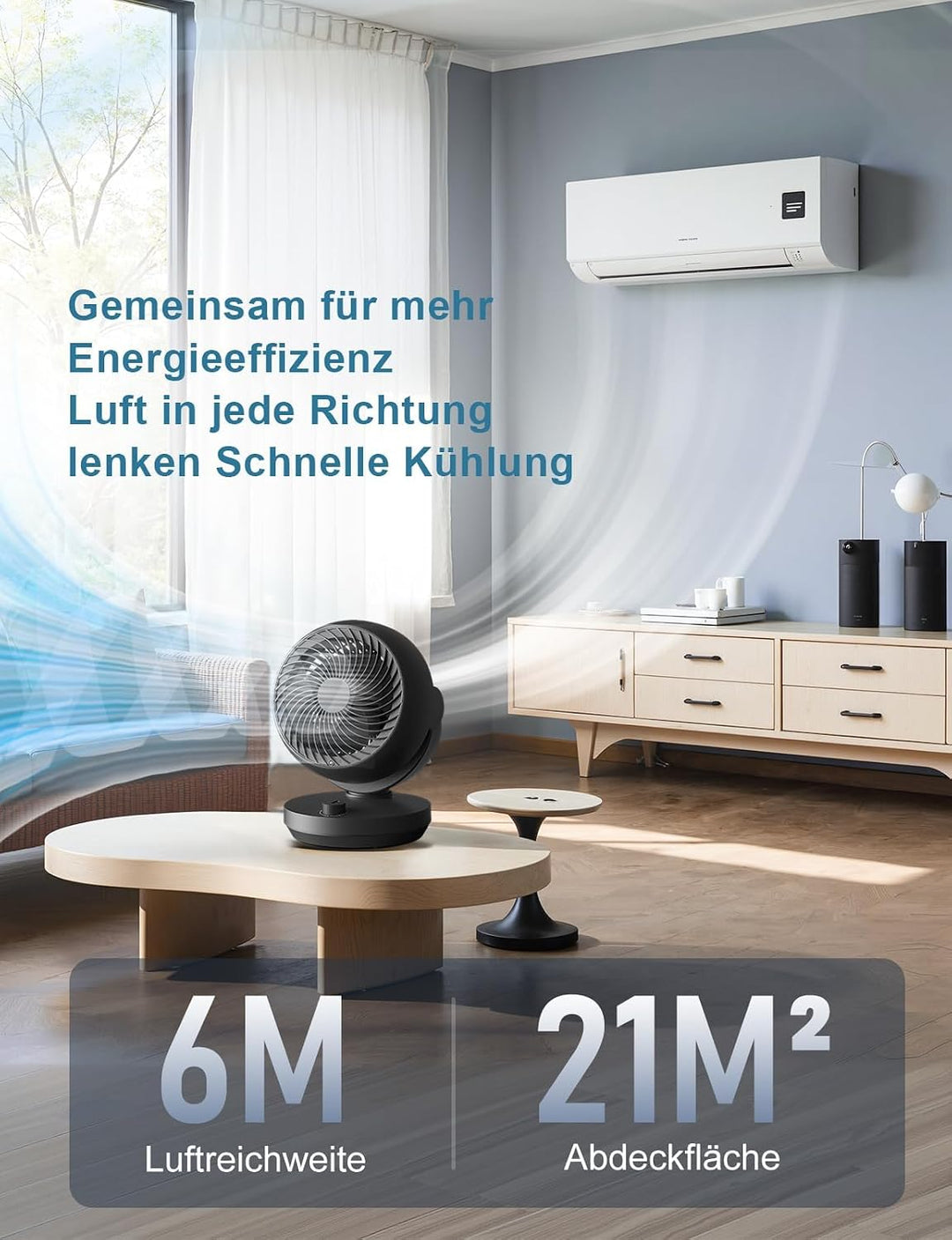 Ventilator Leise, 22dB Tischventilator mit Luftzirkulation, 3D Turbo Air Circulator, 3 Stufen & 100°
