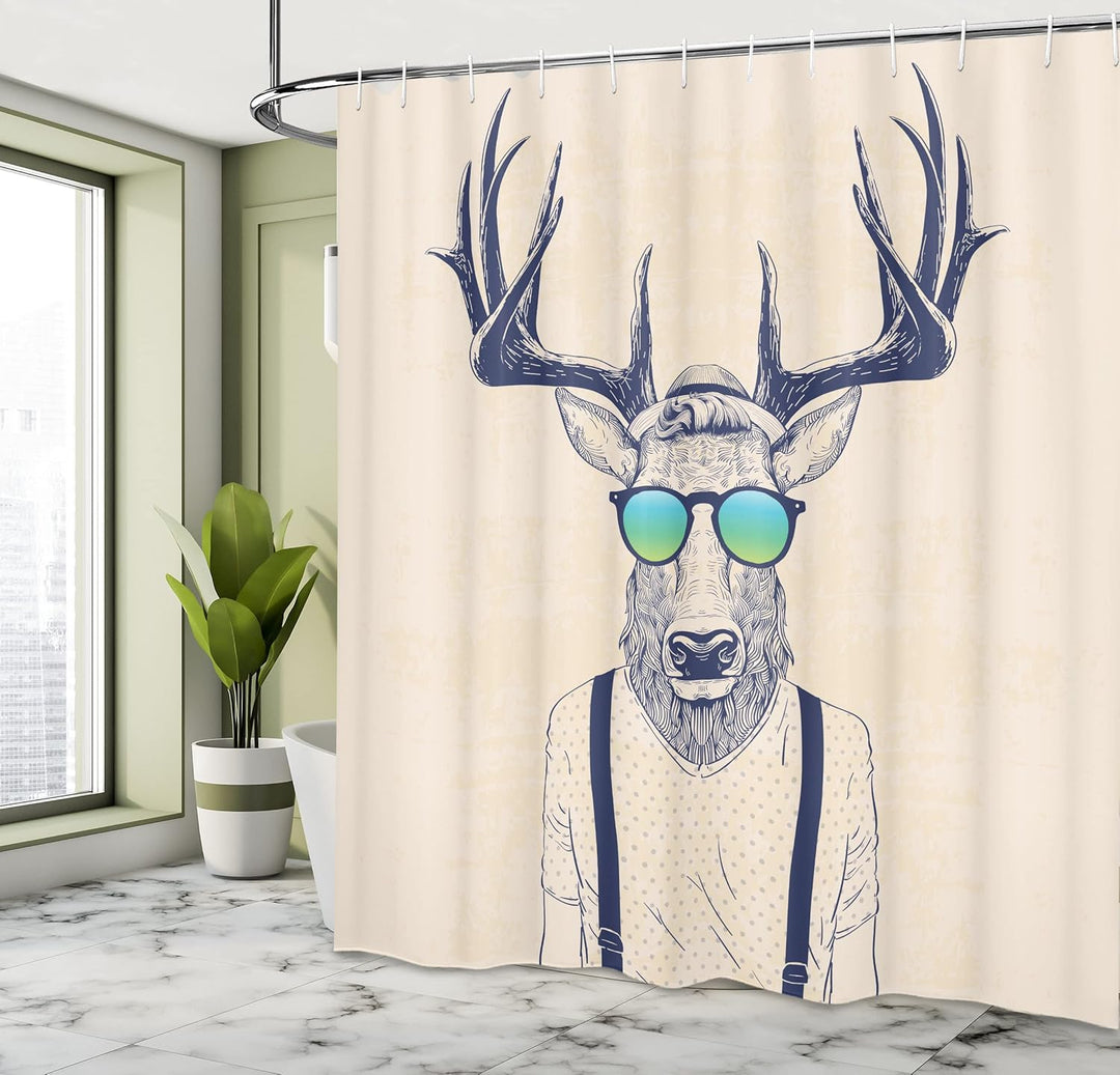 ABAKUHAUS Geweih Duschvorhang, Hipster Cool Fun Tier, Stoffliches Gewebe Badezimmerdekorationsset mi