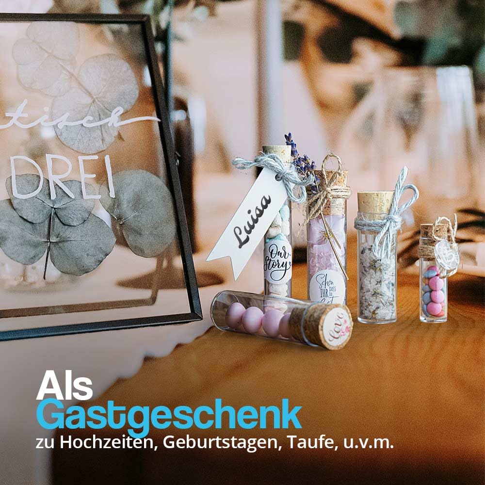 Tuuters 100x Kunststoff Reagenzgläser mit Korken, Kunststoffröhrchen (75 x Ø23, Naturkorken hellbrau