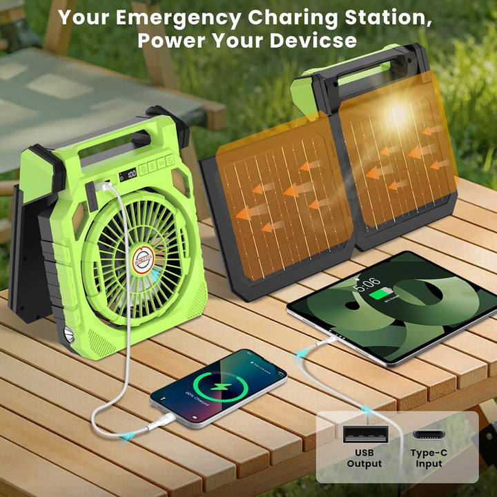 Solar Ventilator,Camping Ventilator Akku 20000mAh mit 2 Solarpaneelen,LED-Licht, Schüttelkopf, Digit