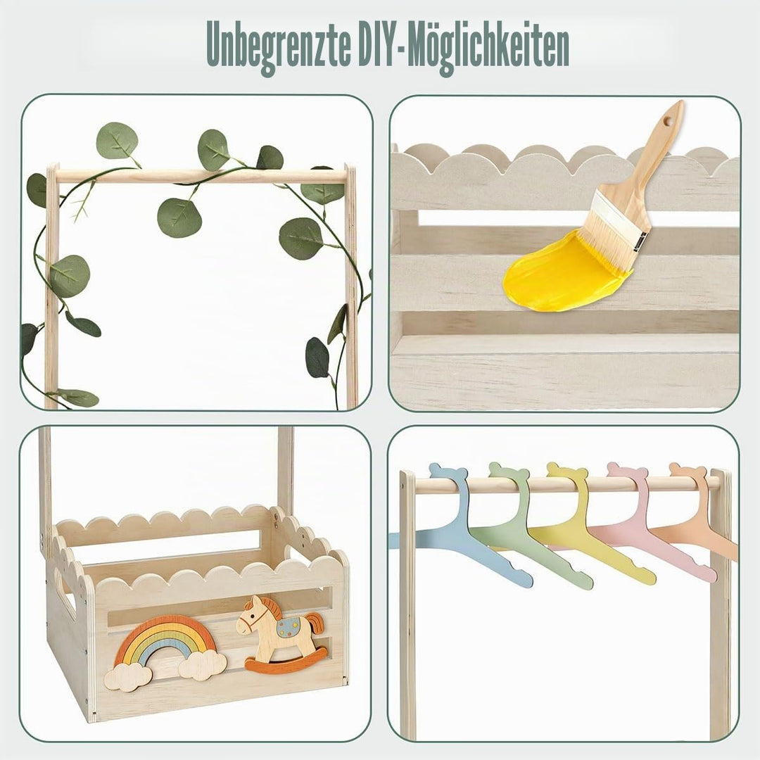 Personalisiertes Babyparty Geschenk aus Holz mit Bügeln &amp; Efeu - Willkommens-Korb mit Wellenrand-Des